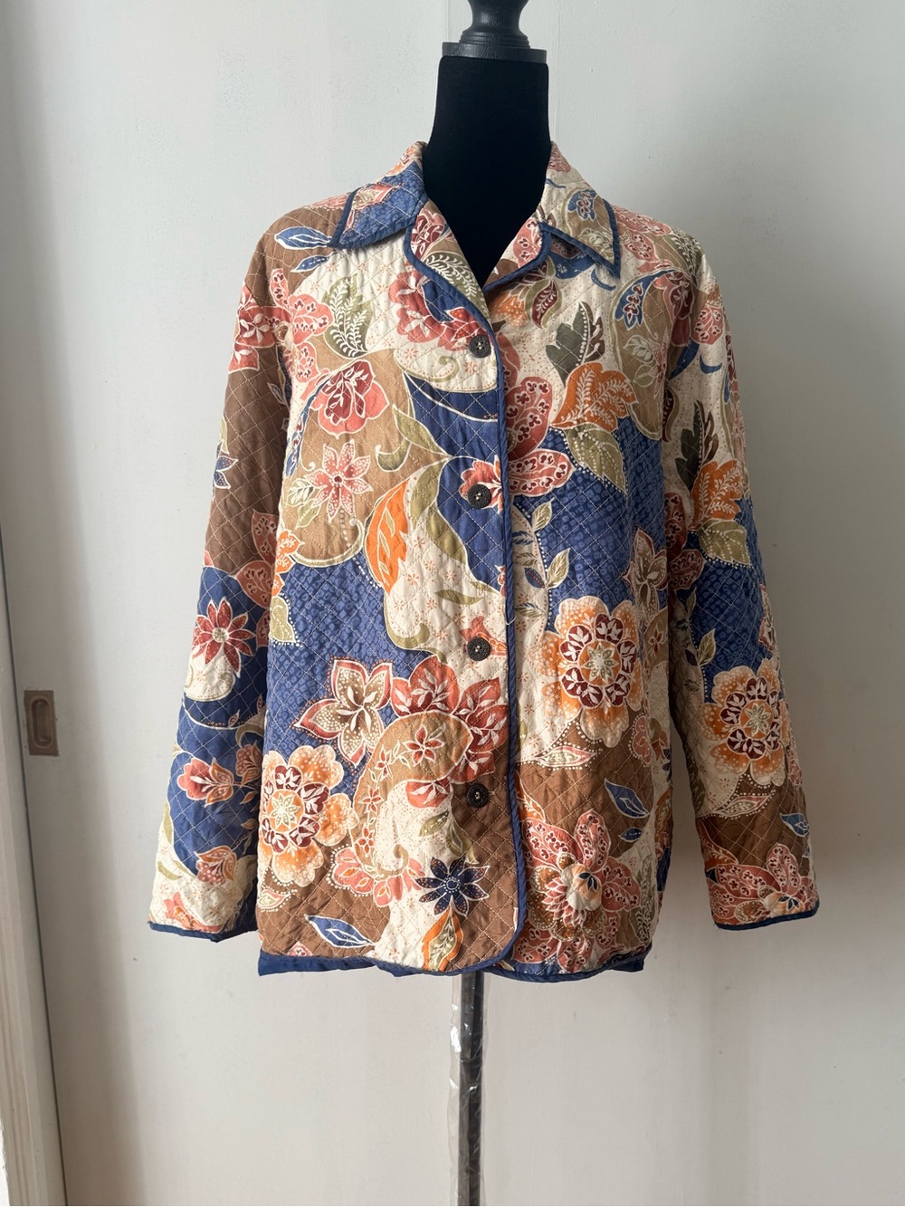 Alfred Dunmer Quilted Silk Floral Button-Up Jacket in Blue, Brown & Cream